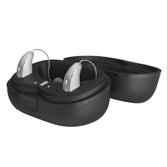 RIC RT hearing aids in premium charger